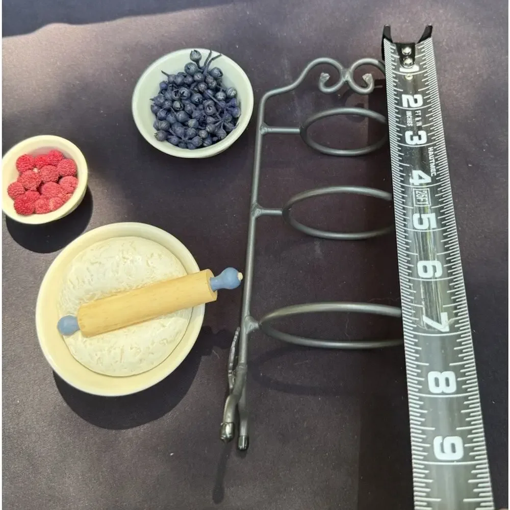 Longaberger Pottery Miniature Mixing Bowls Berries Dough Wrought Iron Stand Mint